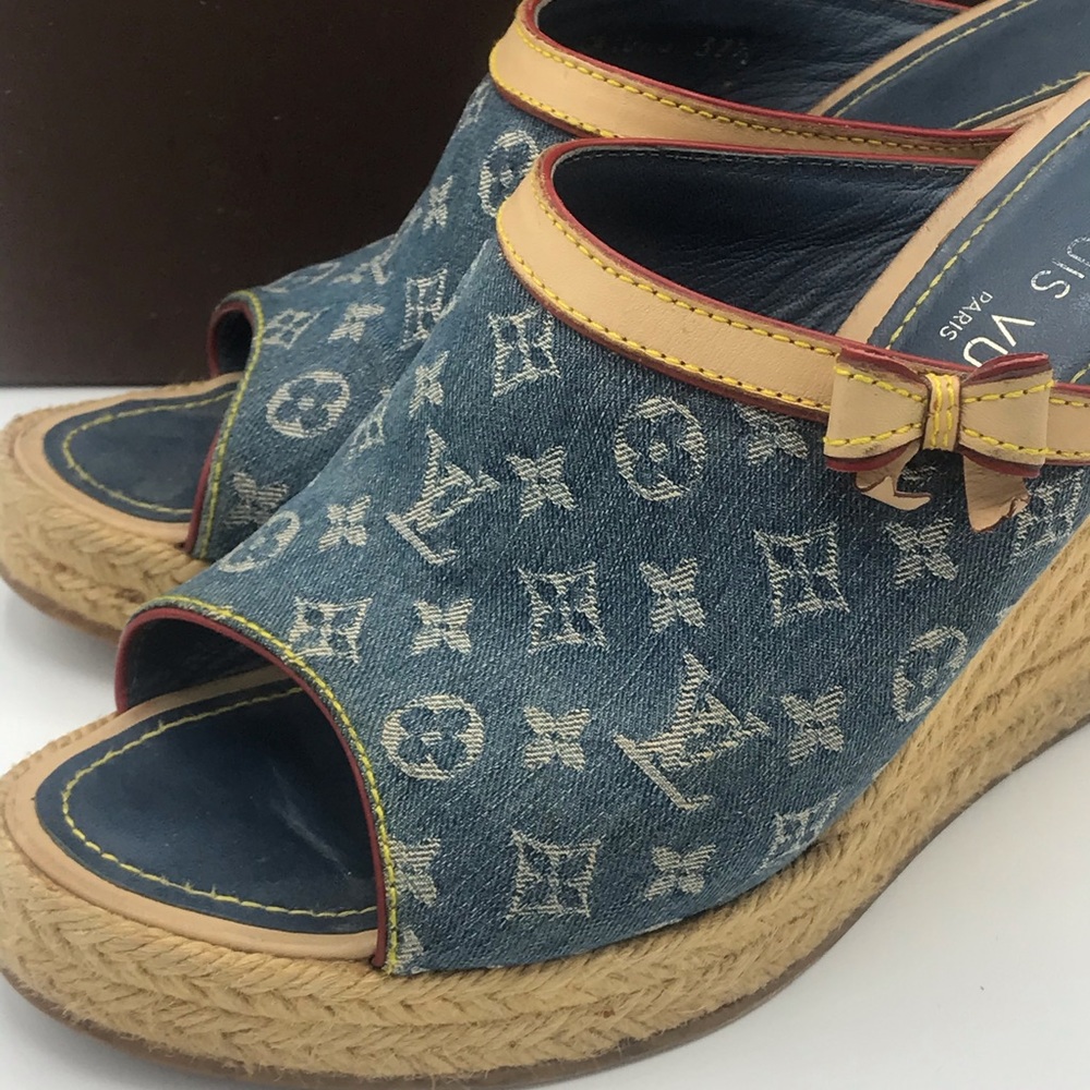 Louis Vuitton Denim Wedge Espadrilles Bow Sandals - Picture 7 of 12